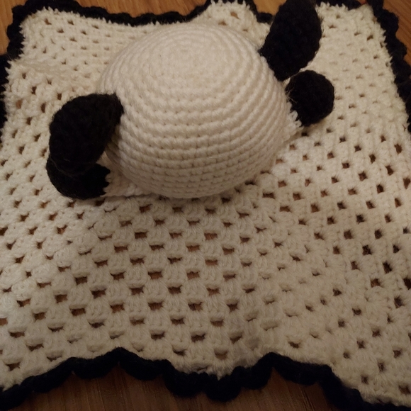 Vintage Handmade Crochet Cow Pig Lovey Blanket Stuffed Animal Black White Pink - Picture 5 of 10